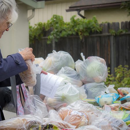 Two people sorting through bags of groceries, possibly at a food distribution event, indicating food assistance.