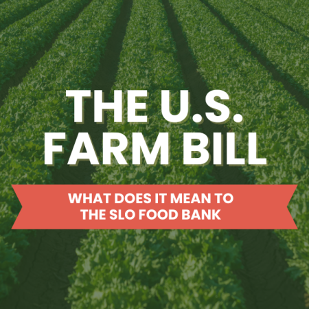 Text promoting discussion about the U.S. Farm Bill's impact on the SLO Food Bank, set against a background of a crop field.