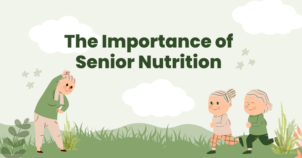 Ilustración en la que se muestra a personas de la tercera edad haciendo ejercicio, con el texto "La importancia de la nutrición en la tercera edad"."