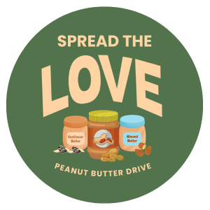 Spread the Love: Peanut Butter Drive featuring sunflower, peanut, and almond butter jars.