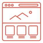A red line art icon depicting a website layout with a header image and three content blocks below.