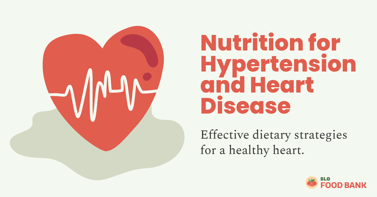 Heart health visual promoting nutrition for hypertension and heart disease by SLO Food Bank; highlights dietary strategies.