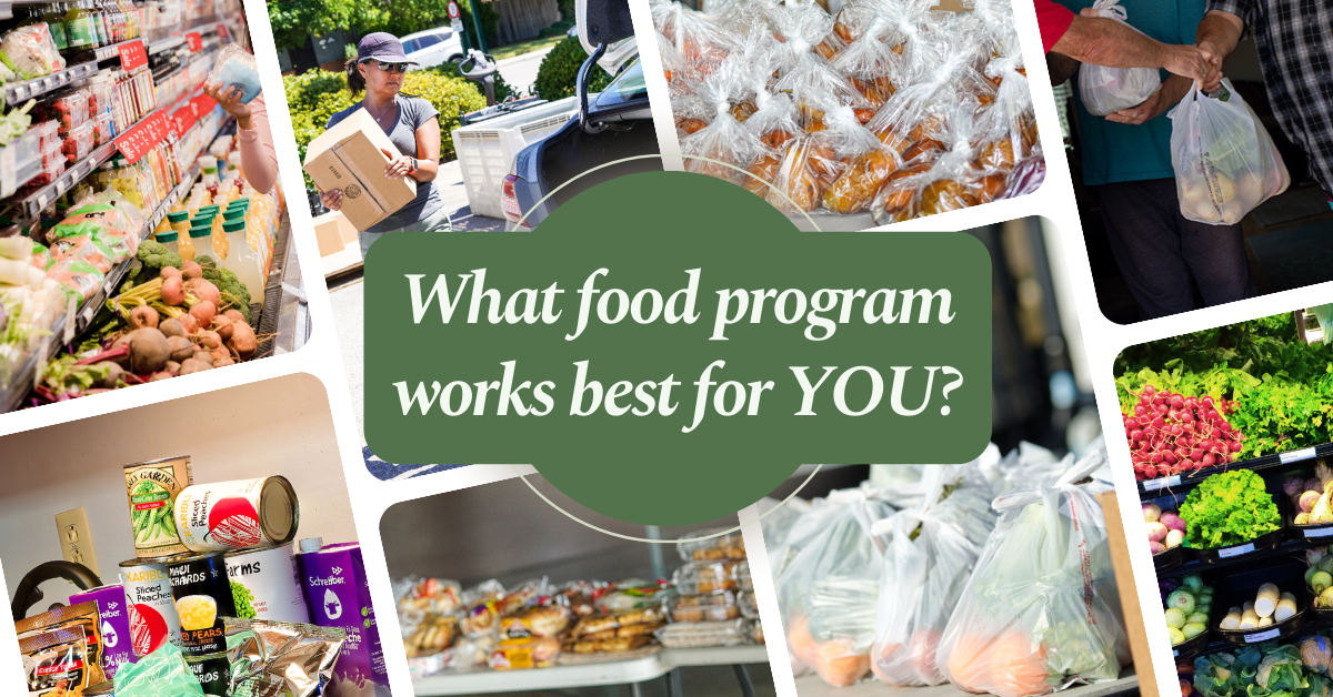 Diferentes imágenes de la distribución de alimentos, comestibles y una pregunta sobre los programas alimentarios.