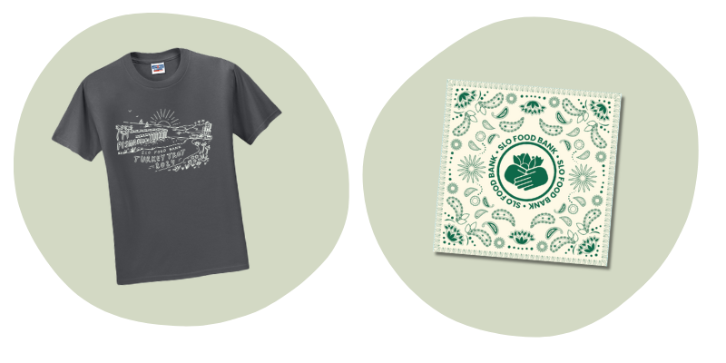Merch Preview Trot 2025 (2) A gray T-shirt with a turkey trot design and a bandana with a food bank logo.